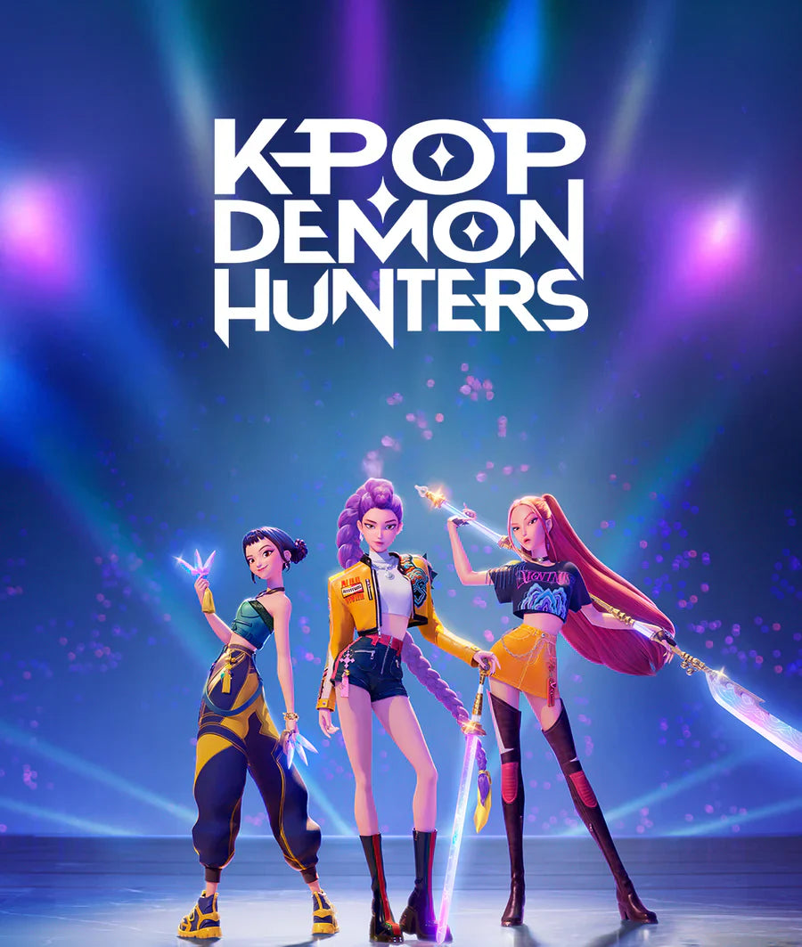 KPop Demon Hunters official artwork featuring three animated female characters in stylish K-pop inspired outfits holding glowing weapons on a colorful concert stage background.