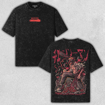 Denji - Chainsaw Man Retro Wash T-Shirt with Dynamic Anime Art