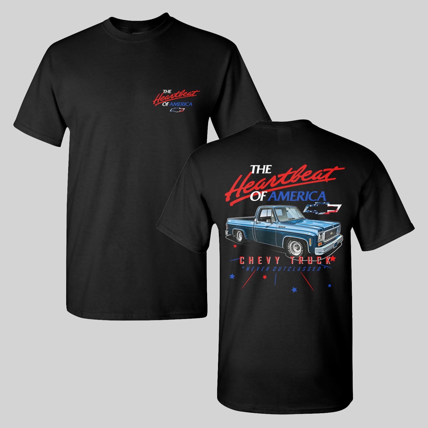 Chevy Truck Never Outclassed Tee Red White & Royal Blue Graphic T-Shirt